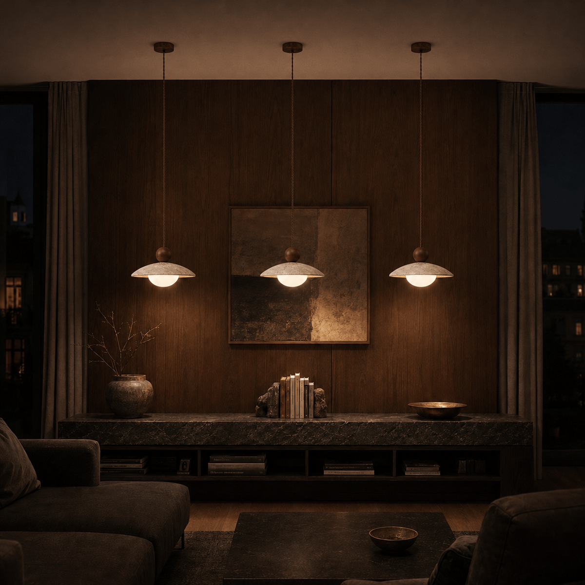 Norven Living Soren Walnut & Travertine Dome Pendant Light