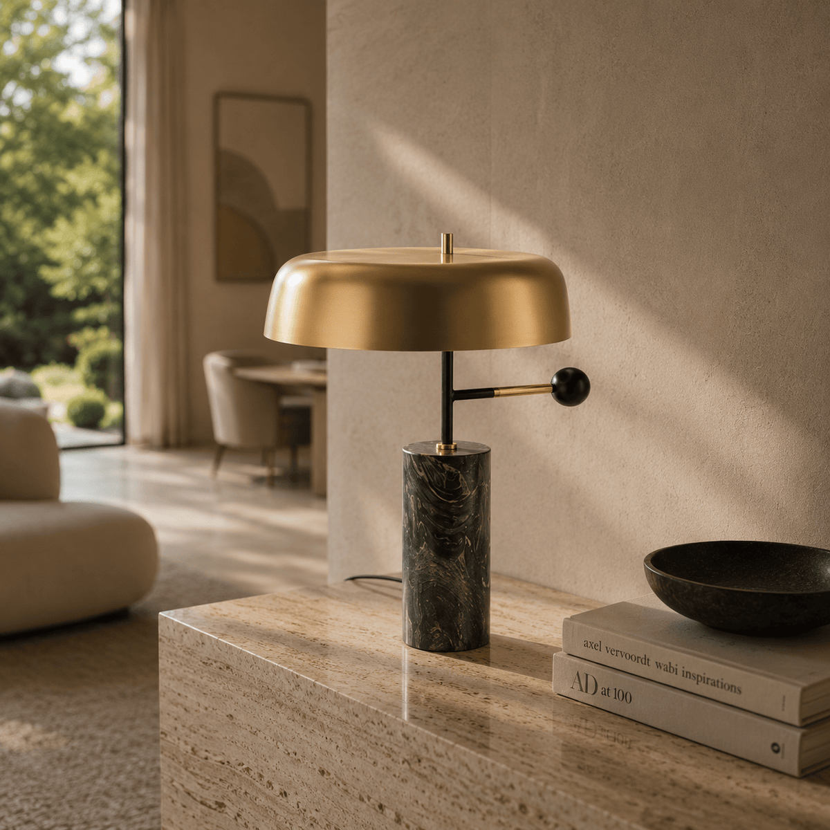 Norven Living Table Lamps Iron Marble Base Gold Shade