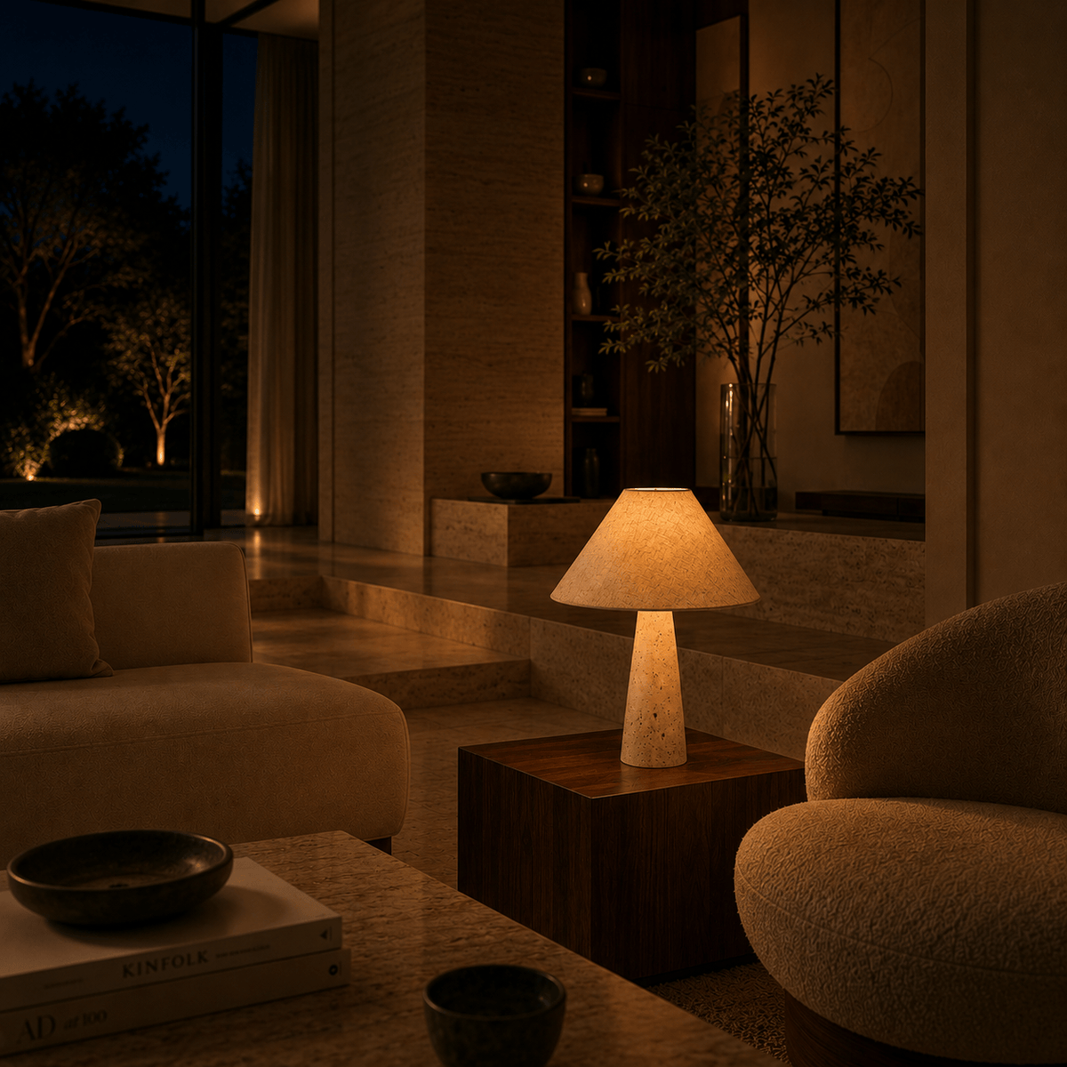 Norven Living Travertine Stone Table Lamp With Fabric Shade