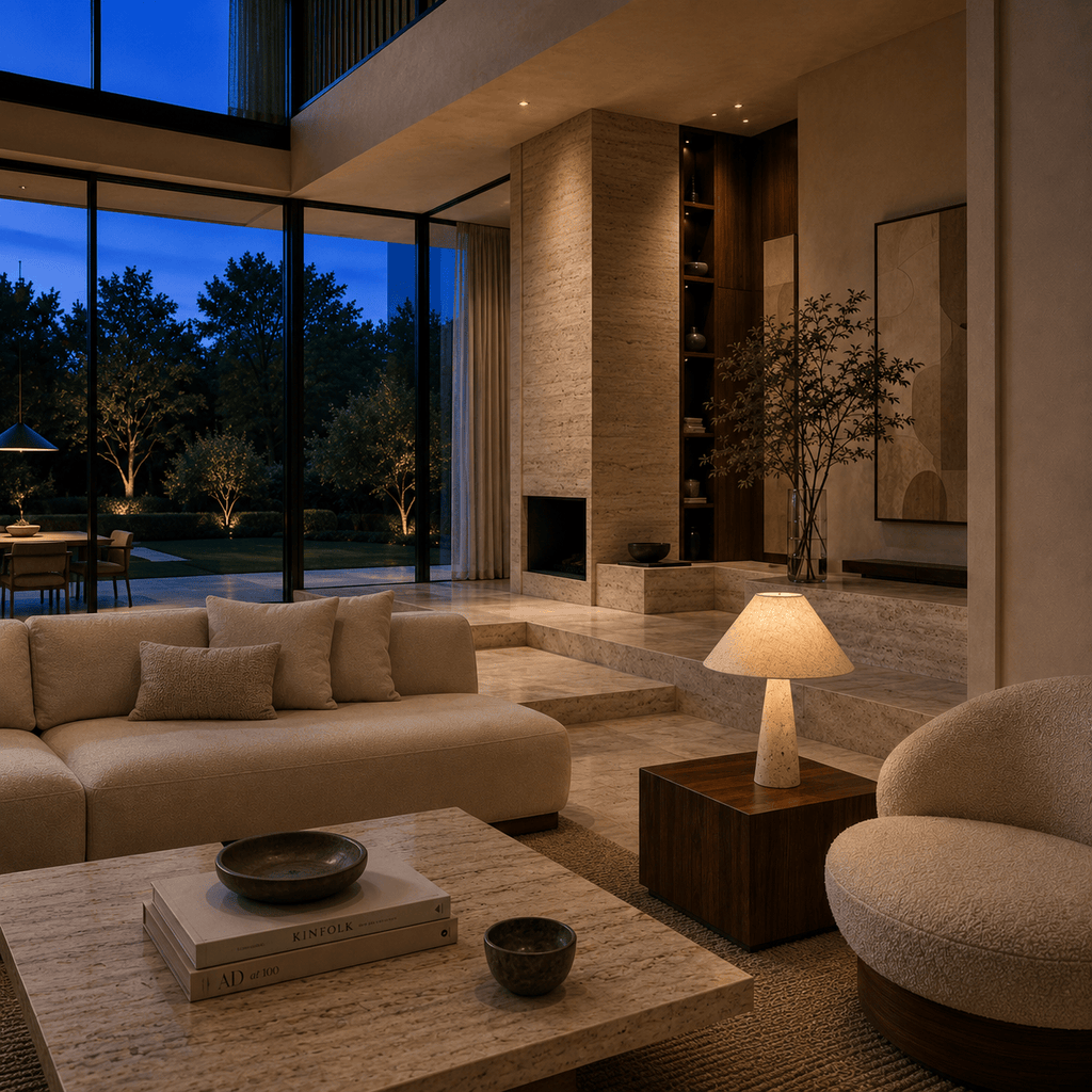 Norven Living Travertine Stone Table Lamp With Fabric Shade