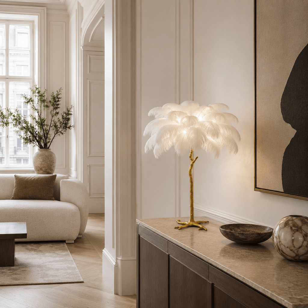 Norven Living Unusual Floor Lamp Uk Feather Gold Branch Base