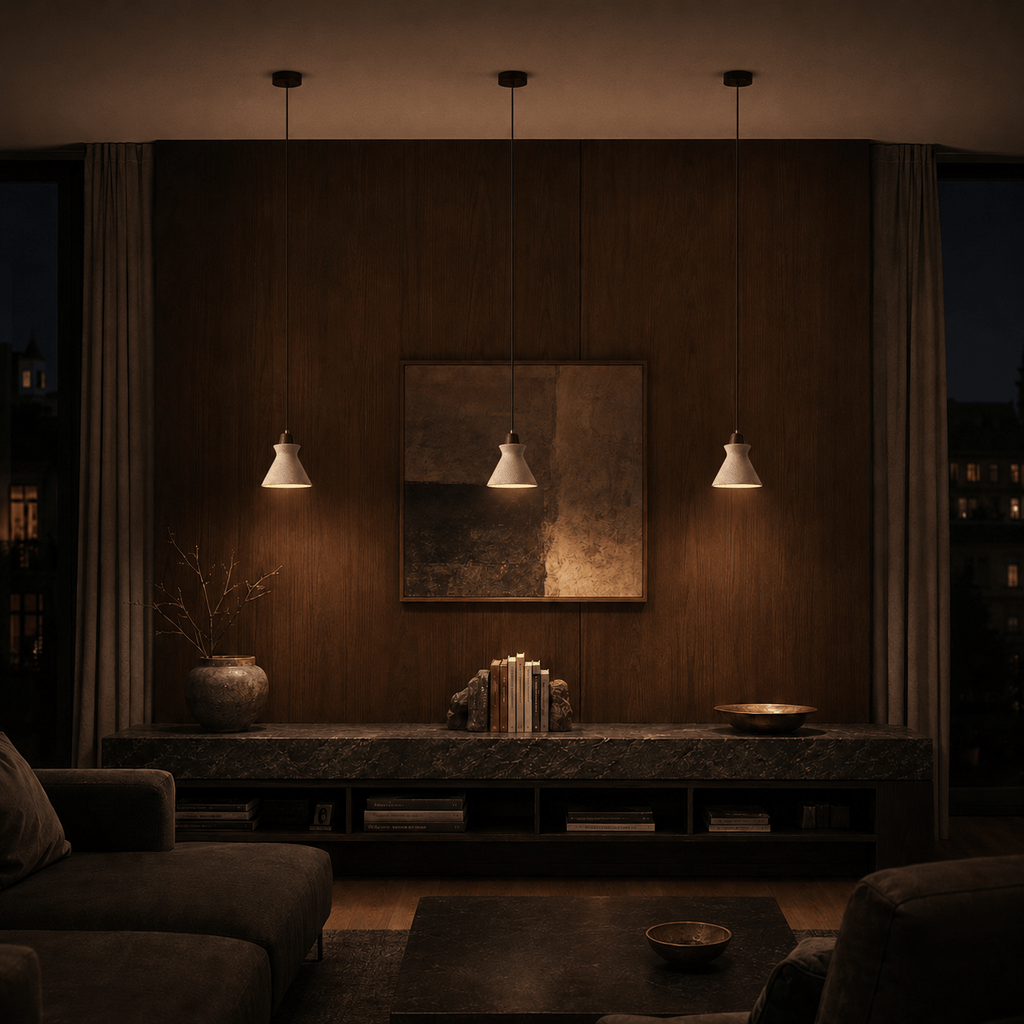 Norven Living Vela Sculptural Travertine Bell Pendant Light