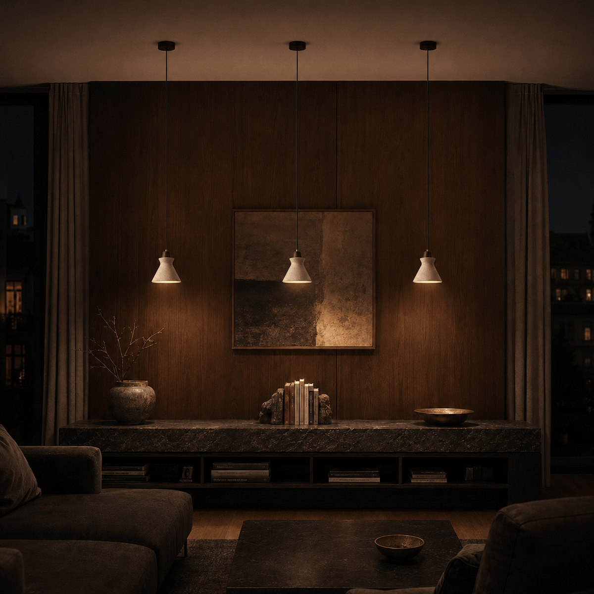 Norven Living Vela Sculptural Travertine Bell Pendant Light